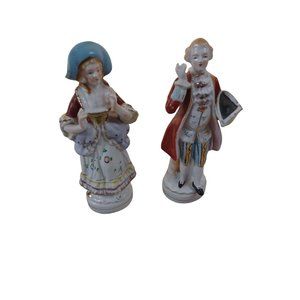 L&M Porcelain Colonial Victorian Figurines 1960's Vintage Gold Trim Hand Painted